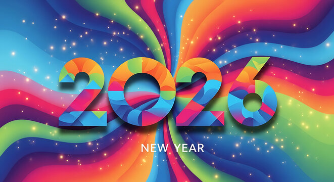 Festive 2026 New Year background with swirling rainbow colors and shimmering golden specks, celebrating the arrival of a vibrant new beginning and future aspirations