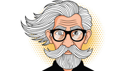 A stylized cartoon portrait of a wise old man with long white hair, a prominent mustache, beard, and glasses, depicted in a retro pop art style with halftone dots.