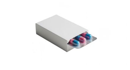 Medicine box with blister pack of bicolored blue and pink capsules. pharmaceutical product.
