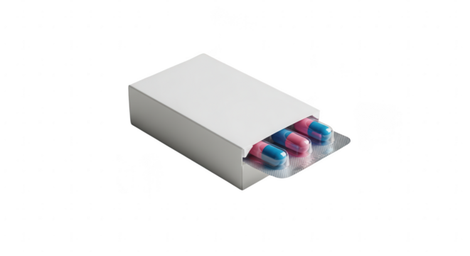 Medicine box with blister pack of bicolored blue and pink capsules. pharmaceutical product.
