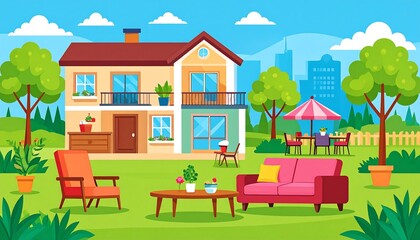 Fototapeta premium A vibrant illustrated scene features a two-story home, a patio set, a lush lawn, trees, and city skyline