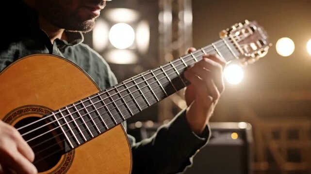 Closeup of a man's hands playing a classical guitar with warm lighting in the background