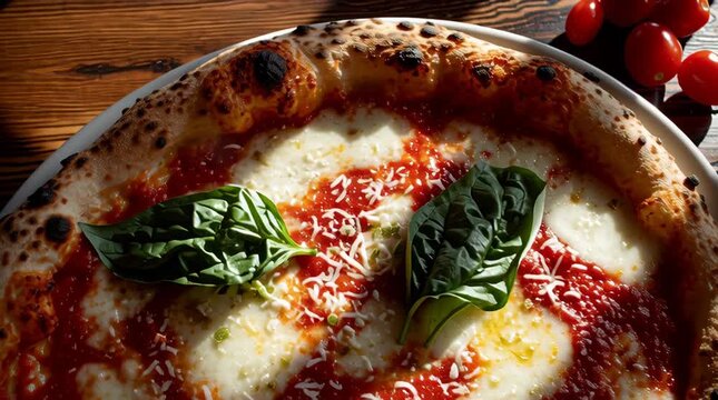 Pizza Margherita: Overhead, Neapolitan style with fresh basil and charred crust