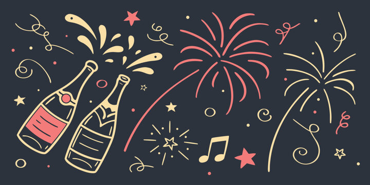 Festive Celebration with Champagne Bottles, Fireworks, and Confetti on a Dark Background