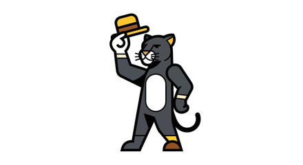 Cartoon panther illustration holding hat up with white background