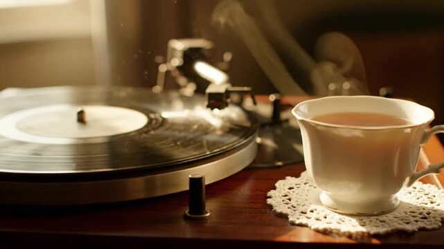 A classic record player spins a vinyl record next to a steaming cup of tea on a doily