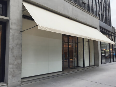 
Exterior de tienda moderna en calle urbana, gran toldo de lona blanco en blanco y escaparate de cristal, arquitectura comercial.