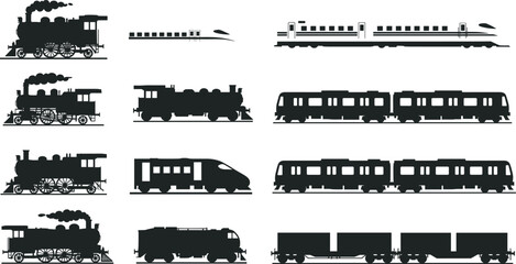 Train silhouette collection, steam locomotive, high-speed train, passenger rail, freight transport, subway icon, vintage engine, transportation evolution, railway history © Hasem Creative