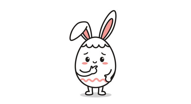 Cute cartoon Easter egg with bunny ears looking thoughtful and touching its chin.