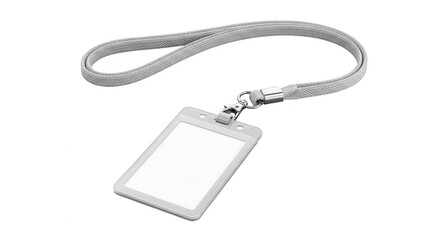 Blank white plastic identification card holder with a grey lanyard and metallic clip