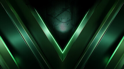Metallic V shape with emerald glow and hexagonal mesh abstract angular