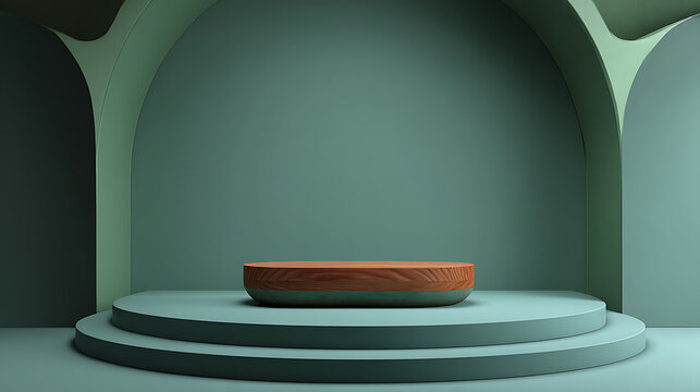 Minimalist abstract display with wooden platform and tiered stages 3d rendering