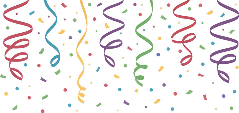 Vibrant and joyful party celebration background featuring a cascade of colorful falling confetti and elegant curly decorative streamers for festive events