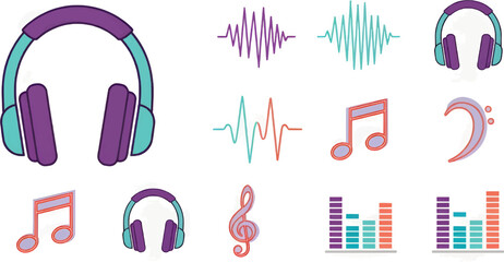 A collection of modern icons related to music and audio, including stylish headphones, abstract sound wave lines, musical notes, and graphic sound bars. Isolated vector elements.