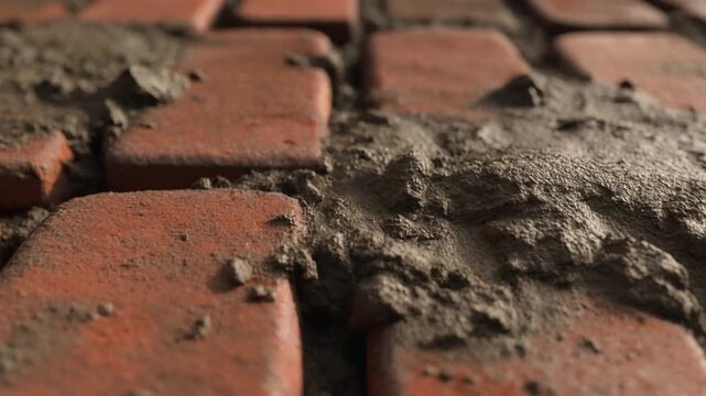 Close-up macro view of weathered red brick paving stones with dirt and grime in the gaps