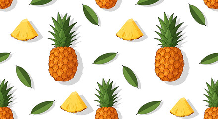 Seamless Pineapple and Leaf Pattern with Cute Sliced Fruit Design