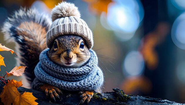 Adorable squirrel wearing a knitted hat and scarf, sitting on a tree branch among autumn leaves. Cute and cozy image for Fall or Winter holiday themes.