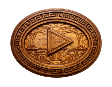 Oval wooden carving with play button, landscape, and Greek key