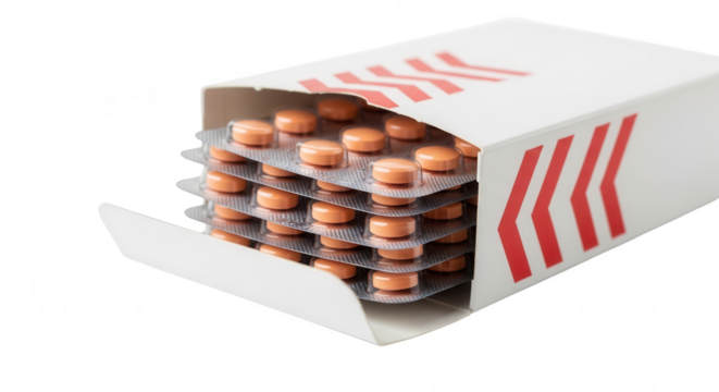 Open white cardboard box filled with multiple blister packs of orange medication pills