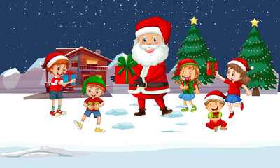 Santa Claus Giving Gifts to Happy Children in Snowy Christmas Winter Scene