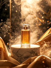 Fototapeta premium Luxury perfume bottle on marble podium with gold silk fabric. Elegant advertising concept with golden sparkles and smoke on dark background.