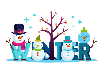Snowman winter illustration with bare tree