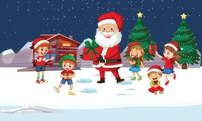 Santa Claus Giving Gifts to Happy Children in Snowy Christmas Winter Scene