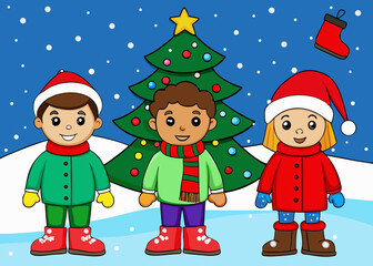 Christmas children with tree illustration