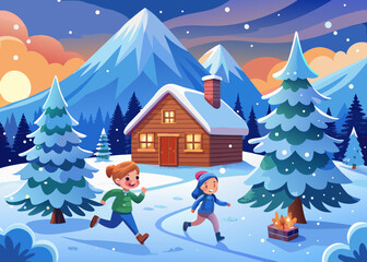 Children running in winter snow