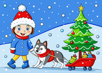 Christmas walk with child and husky