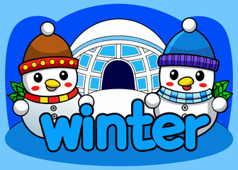 Snowman characters with igloo in winter illustration