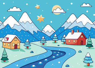 Winter mountain landscape with houses