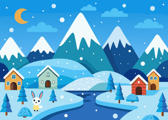Winter village landscape with mountains and rabbit
