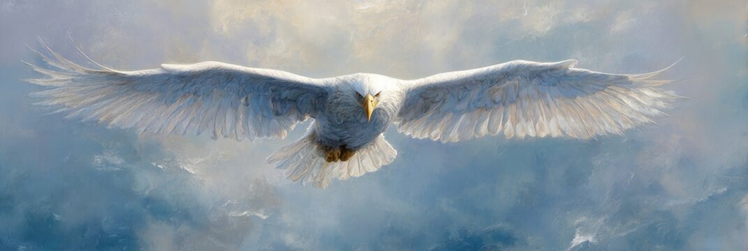 Majestic white bird soaring through ethereal clouds