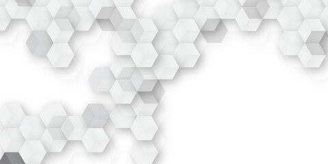 A subtle hexagon pattern background with interconnected shapes in soft gray and white. Simple abstract modern background White geometric hexagonal honeycomb shape texture background 3d copy space.	
