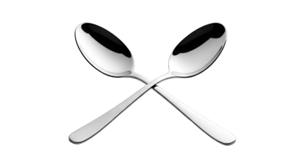Two Silver Spoons Crossed Over Each Other On A Transparent Background Showing Reflections And Highlights Clean Shiny Utensils Representing Food Or Cooking Preparation