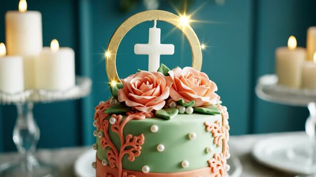 A pastel green baptized cake adorned with pink roses and coral scrollwork stands beneath a glowing circular halo with a cross, surrounded by lit candles in a softly festive setting tonight