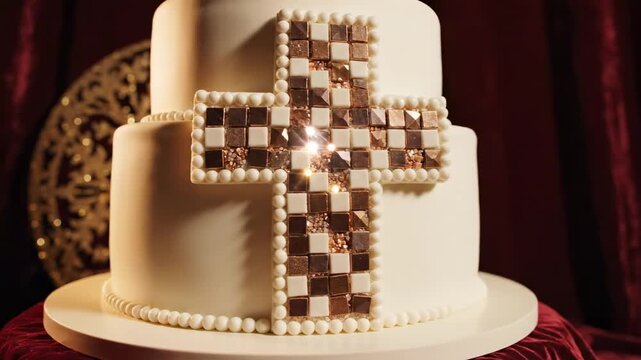 A white tiered baptized cake features a cross of checkerboard brown and ivory squares, edged with pearl beads, set against red velvet and a gilded backdrop for a regal presentation, serene