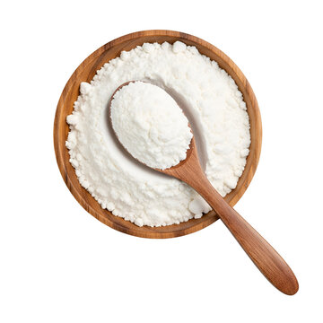 Close up of tapioca starch flour in wooden bowl with spoon