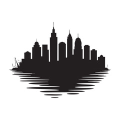 Naklejka premium Black silhouette of a city skyline with a ship and water reflections black and white urban