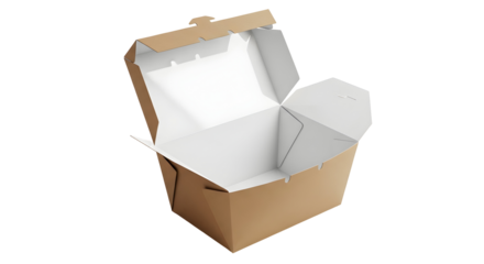 Cardboard food container with hinged lid, designed for takeout and food delivery services