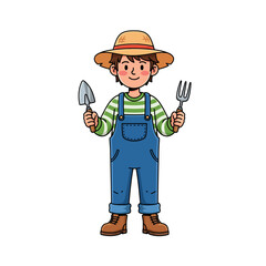 Cute Farmer Character Scene A Smiling Gardener Holding Tools, Ready for Planting in the Garden