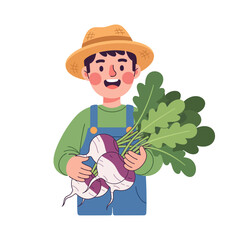 Cute Farmer Character Scene Cheerful Boy with Fresh Turnips