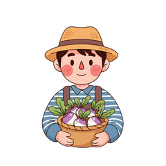 Cute Farmer Character Scene with Harvested Turnips in a Basket, Representing Agriculture and Healthy Food