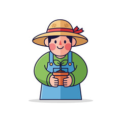Cute Farmer Character Holding a Sprout in a Pot, Vibrant Garden Scene Illustration