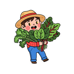 Cute Young Farmer Character Joyfully Displaying Fresh Leafy Greens in a Delightful Harvest Scene, Promoting Healthy Eating and Sustainable Gardening Practices