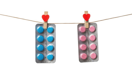 Gender differences in medication: blue and pink pills hanging on a string with hearts.