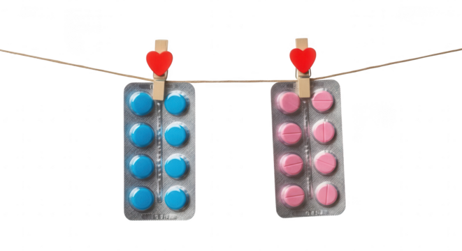 Gender differences in medication: blue and pink pills hanging on a string with hearts.