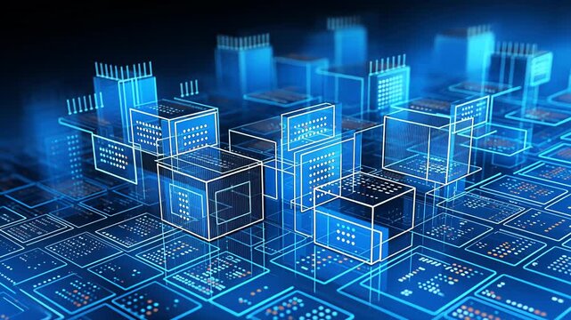 digital cityscape of blue cubes against dark backdrop forms grid, conveying modernity and technology, with brighter edges suggesting illumination, and no visible figures, themes: urban future