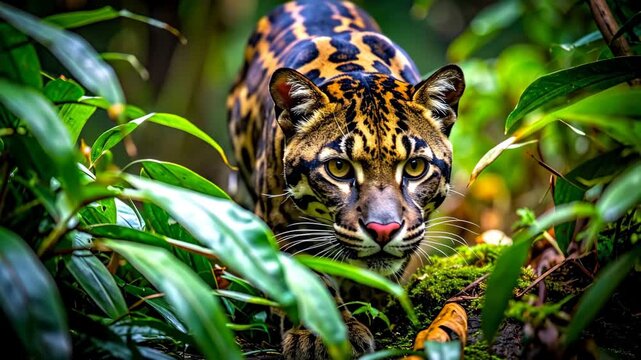 Clouded Leopard in Lush Green Jungle, Majestic Wild Cat Stalking Through Dense Foliage, Predator in Natural Habitat, Rare Wildlife Encounter, Beautiful Jungle Scene.